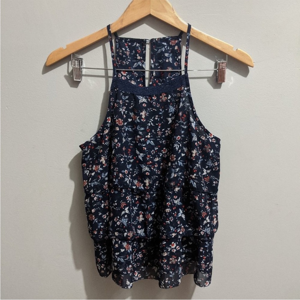 Abercrombie navy blue multicolor floral print top